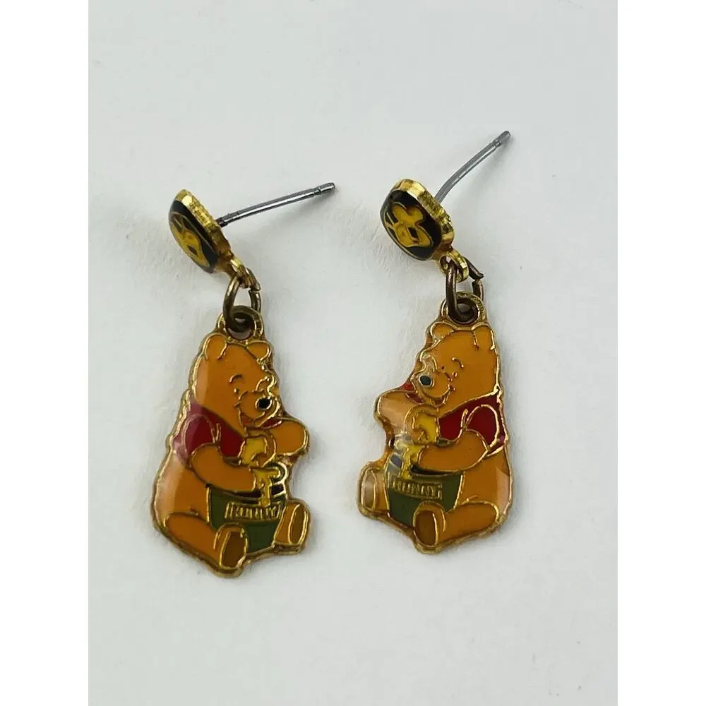 Vintage Winnie the Pooh Dangle Earrings Sitting Pooh w/Honey Pot Enamel Disney - Picture 3 of 14